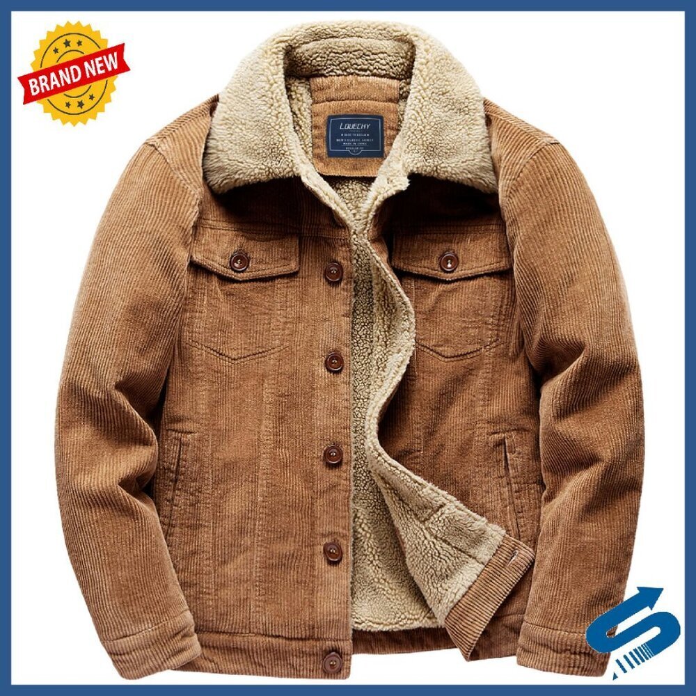 Men's Corduroy Sherpa Lined Trucker Jacket Heavyweight Cotton Winter Coat